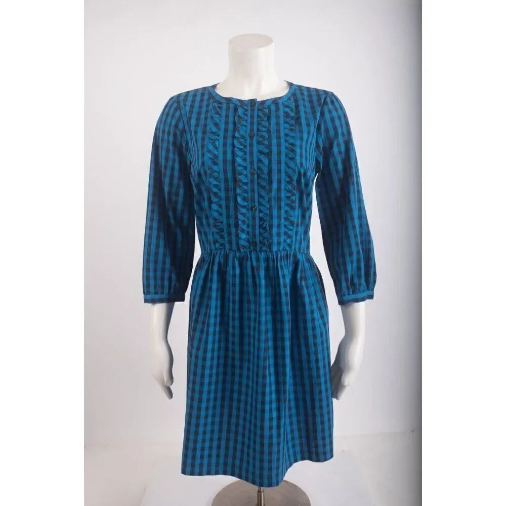 Draper James Womans Raelynn Dress XS Blue Gingham Navy Blue 3/4 sleeve NWT